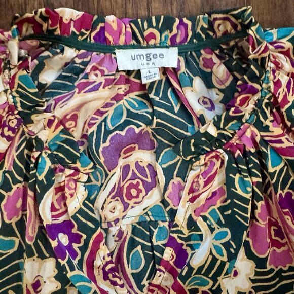 Umgee Top Paisley Blouse Button Front Ruffle Balloon Sleeve Womens Size Large - Picture 9 of 14